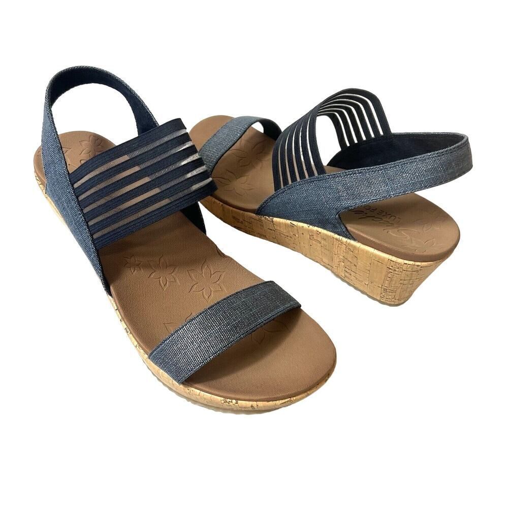 Skechers Luxe Foam Wedge Women's 11 Blue Fabric Sandals Sling Back Open Toe NEW